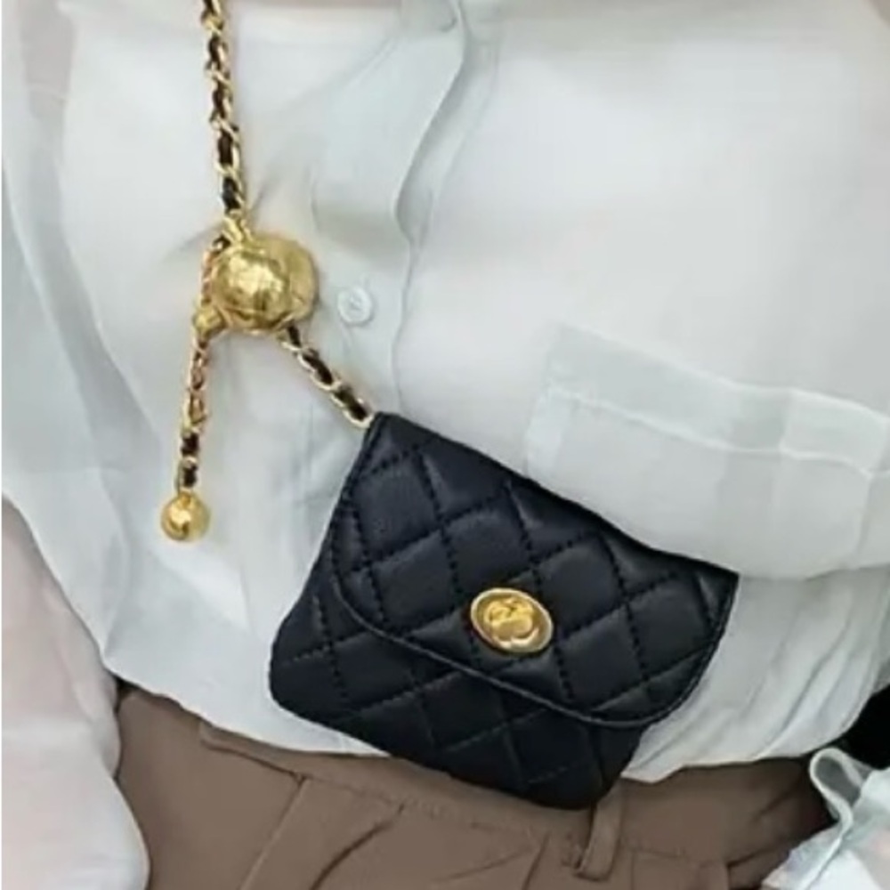Fashion Crossbody/Belt Mini Black Bag Quilted Crossbody Bag with Gold Chain - Picture 3 of 5